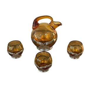 Farber Bros Art Deco Amber Glass Cocktail Set with 3 Glasses READ